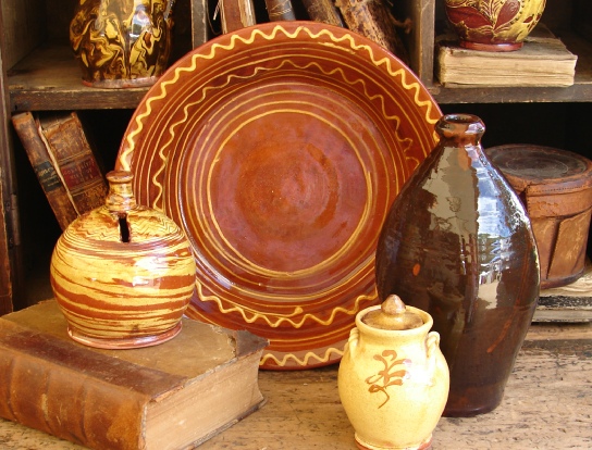 Pied Potter Hamelin redware pottery bank and bottle