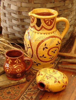 redware pitcher, mug and flask